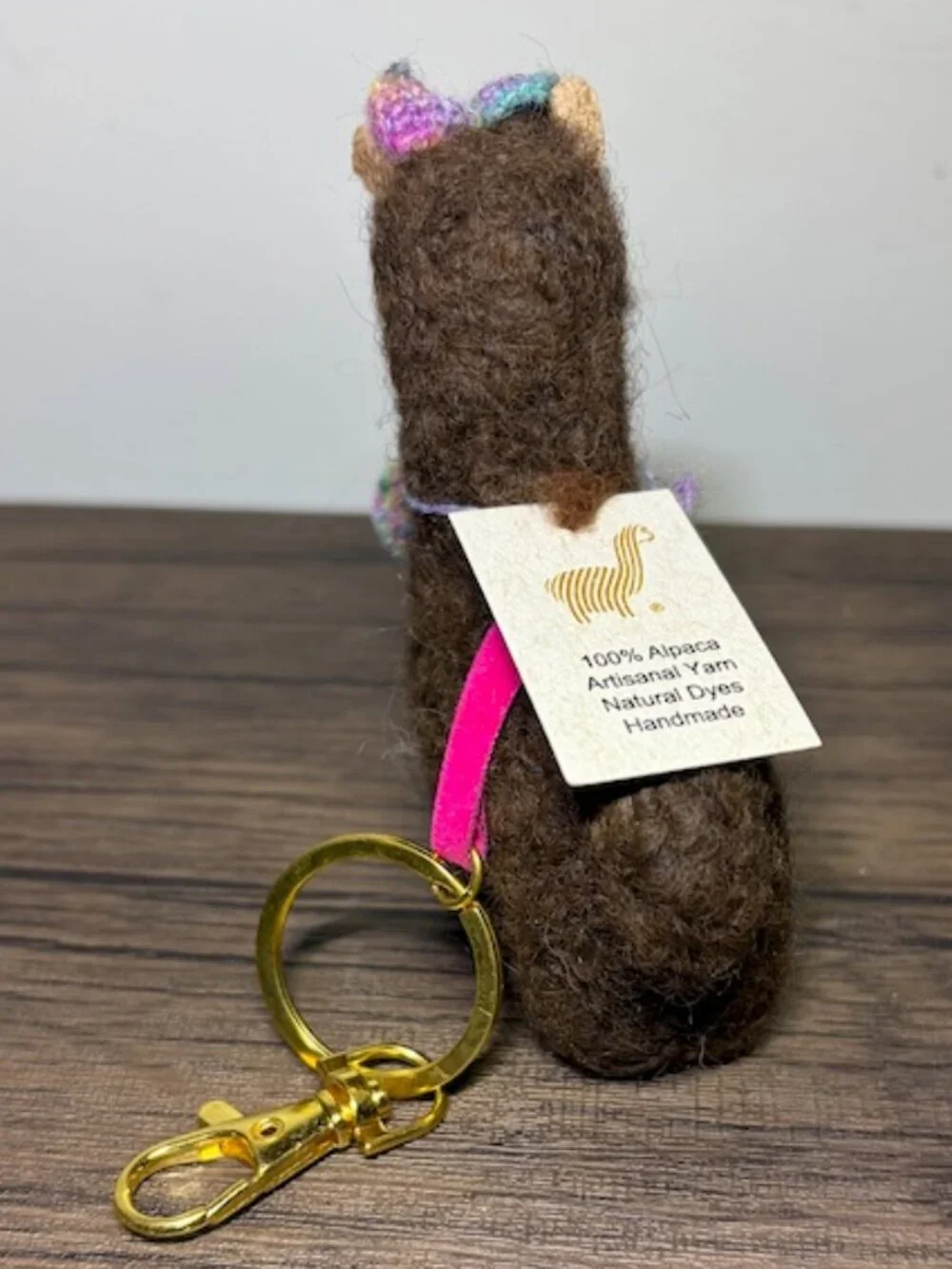 Super Cute 100% Alpaca Wool Brown Llama Handmade Artisanal Bag Charm Key Chain